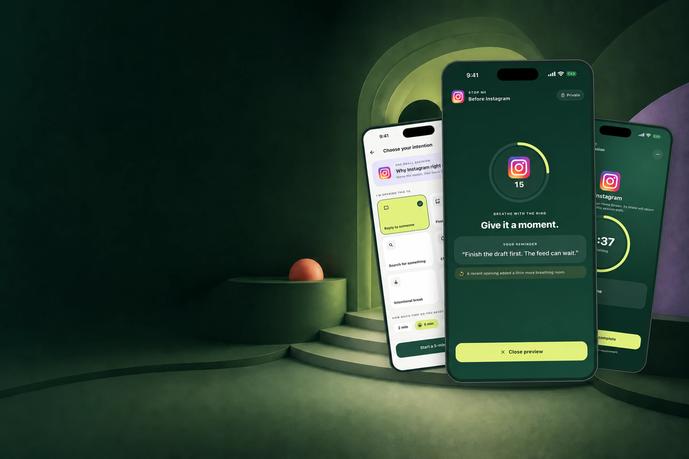 Stop Me pause, intention, and purposeful-session screens on a phone